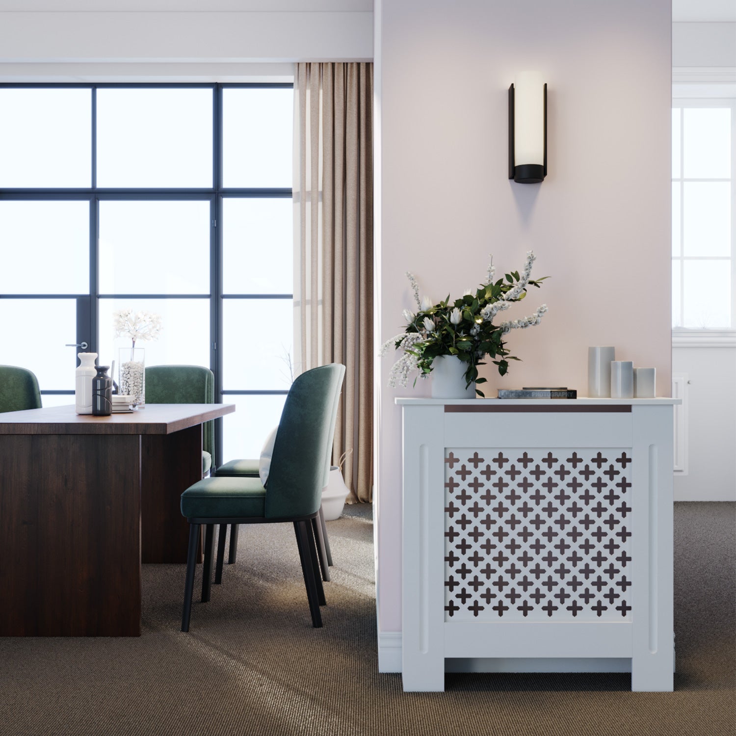 SONNI Heizkörperverkleidung Abdeckung Heizungsverkleidung weiß mit Kreuzgitter für Wohnzimmer Flur Diele B780 x T190 x H820 mm