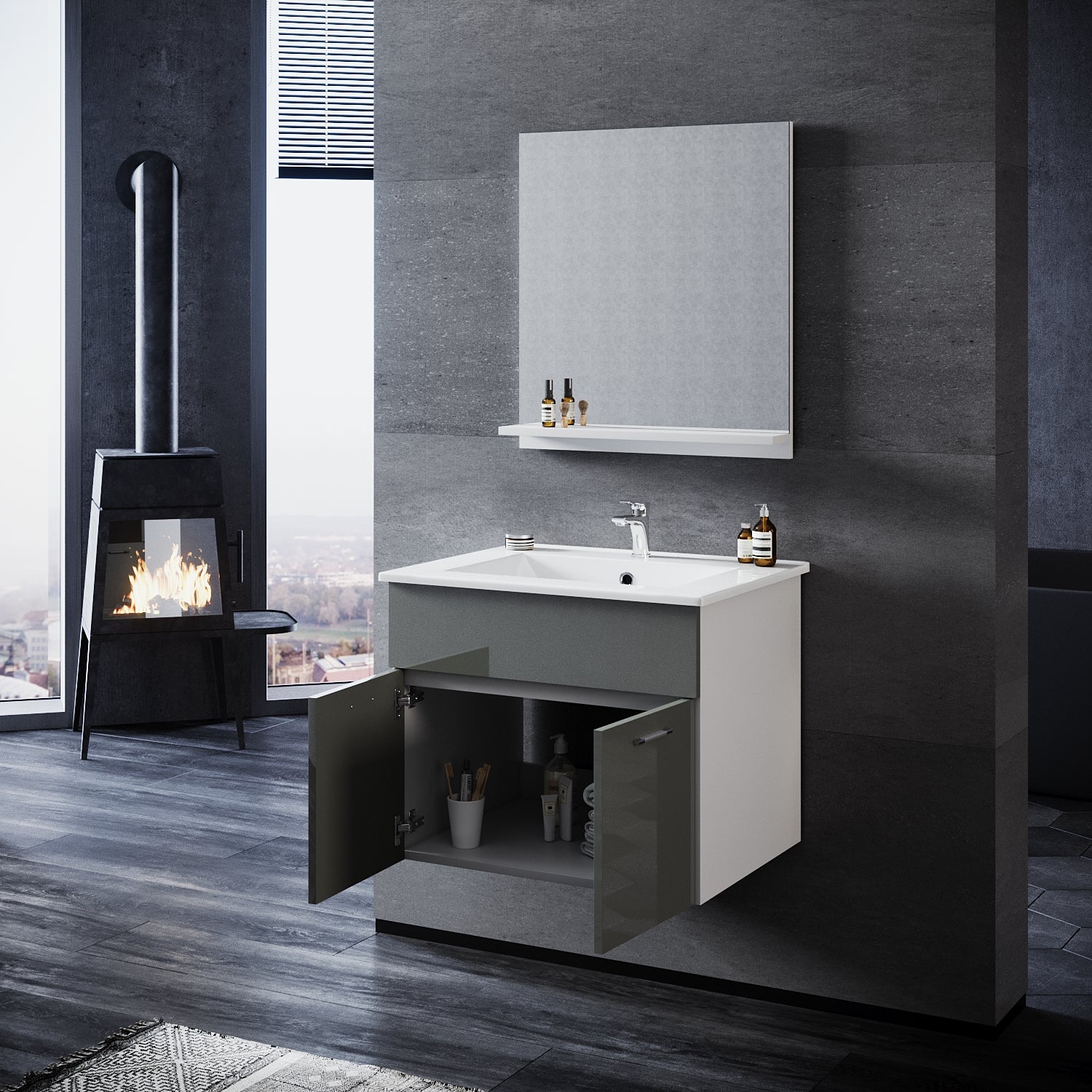SONNI Badmöbel Set mit Waschbecken mit Unterschrank und Spiegel Badezimmermöbel 2-teilig 60cm Hochglanz grau für kleine Bäder