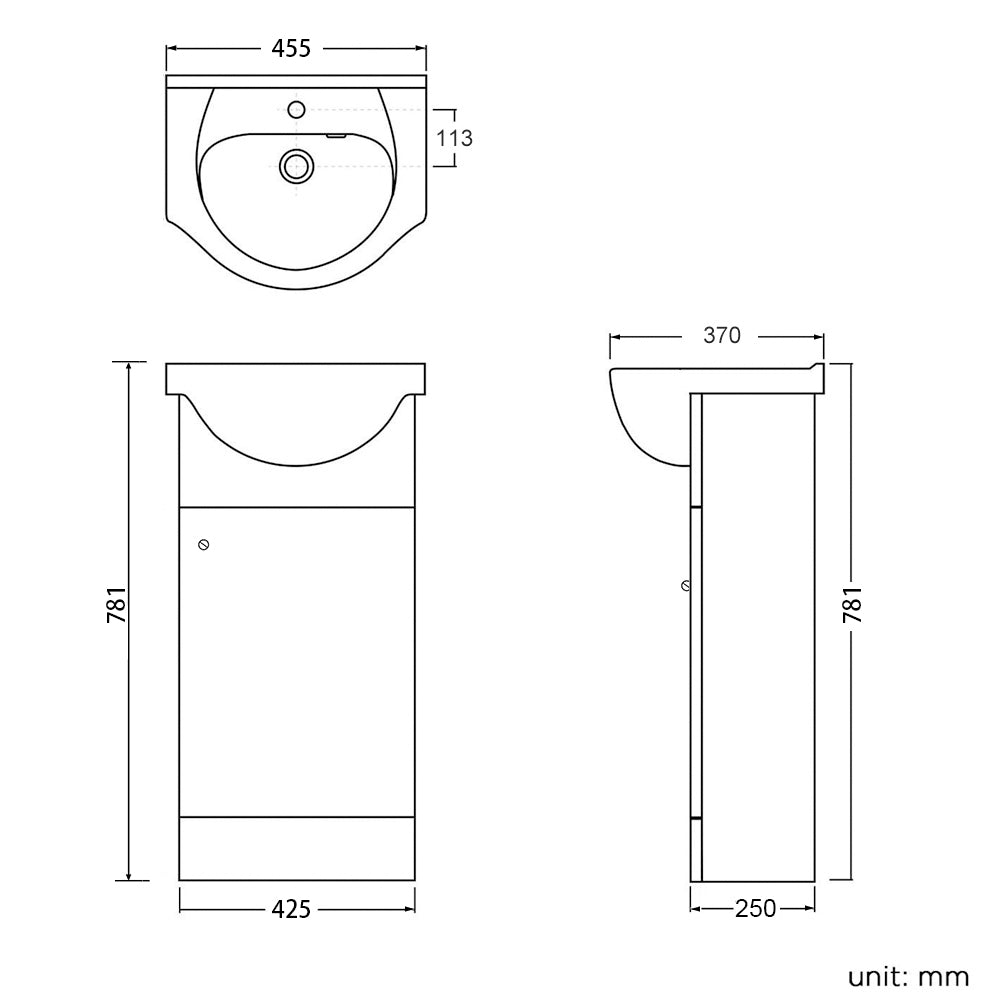 SONNI Badmöbel Waschbecken mit Unterschrank 2in1 Set bodenstehend Weiß Hochglanz B455×H781×T370mm