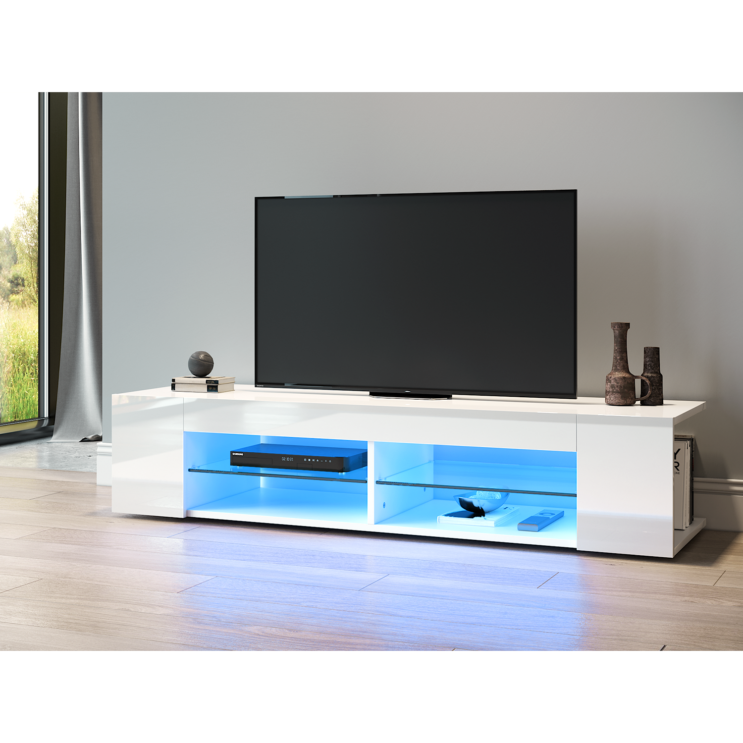SONNI TV Board Lowboard Unterschrank Hochglanz Glasböden mit LED Beleuchtung Weiß