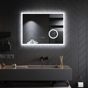 SONNI Badezimmerspiegel mit Beleuchtung Anti-Beschlag LED Touchschalter, Uhr, Temperatur, 3-Fach Vergrößerung, 60 cm