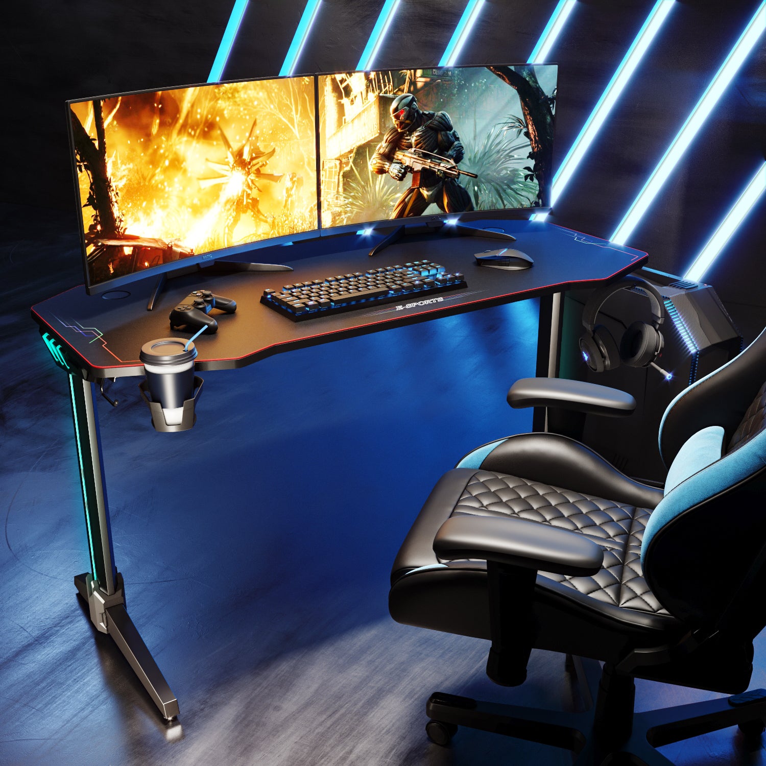 Gaming Tisch mit LED, RGB Gaming Schreibtisch mit großem Mauspad, Getränkehalter und Kopfhörerhaken, Schwarz 140cm sonni
