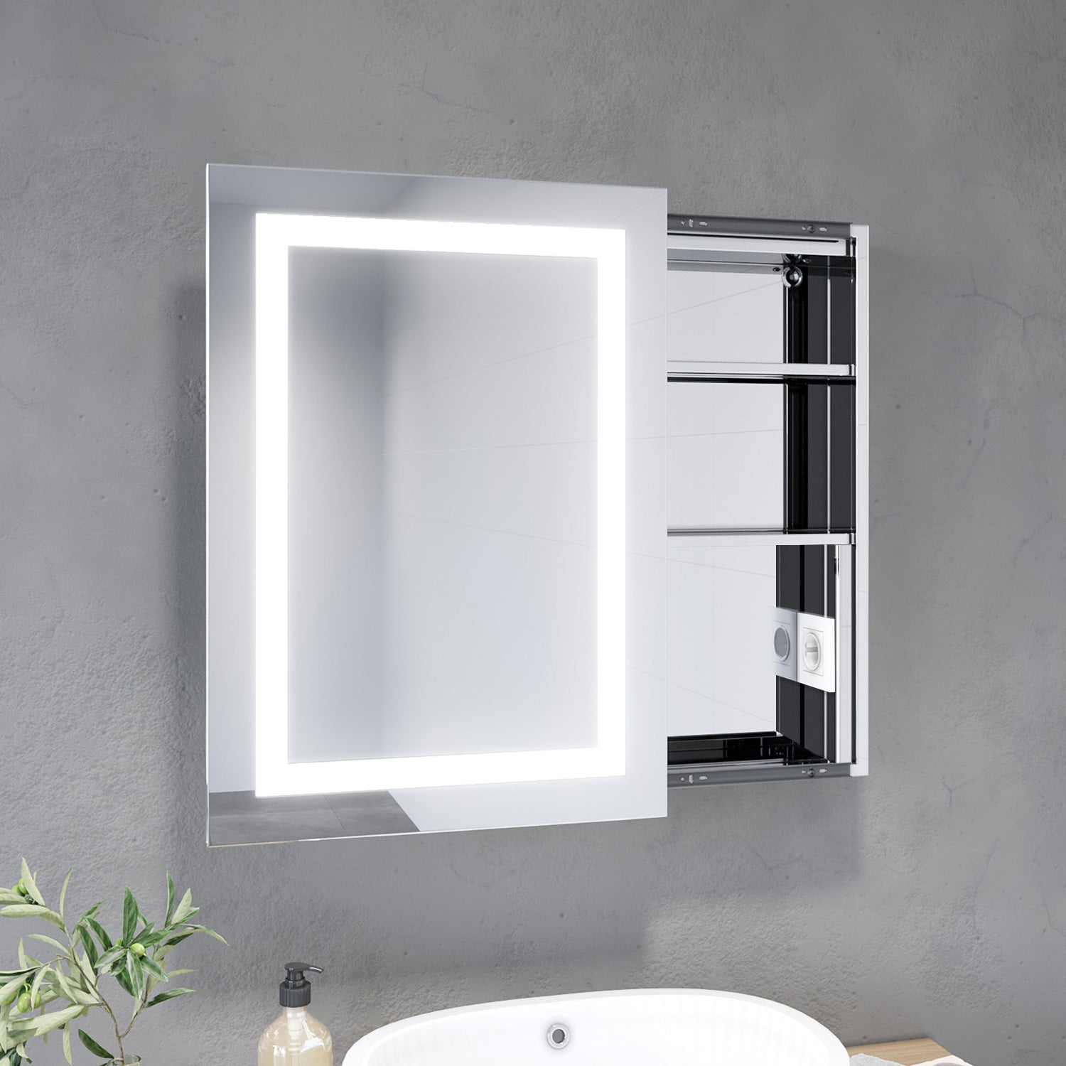 Badezimmer LED Spiegelschrank mit Beleuchtung Schiebetür Kabelanschluss 50 x 70 x 13cm