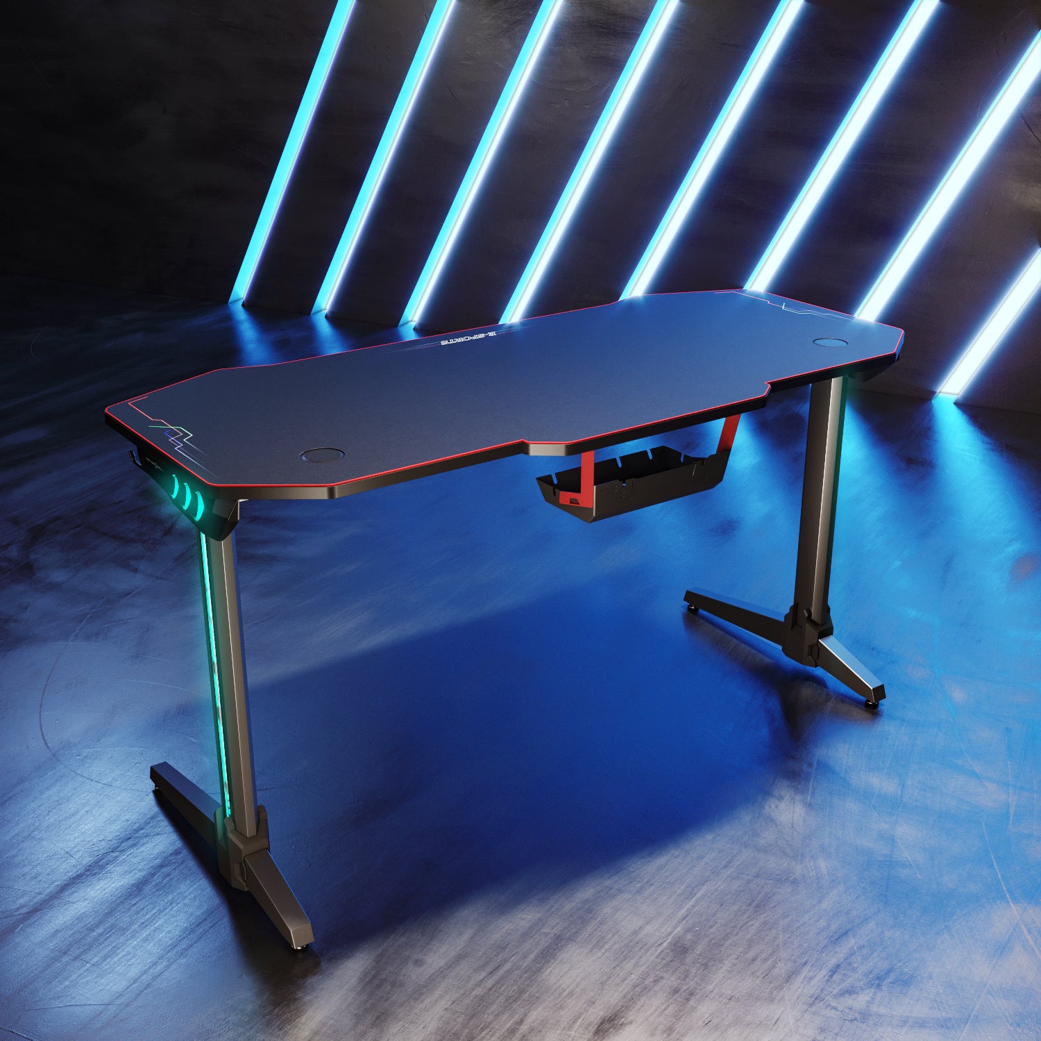 SONNI Gaming Tisch mit LED, RGB Gaming Schreibtisch mit großem Mauspad, Getränkehalter und Kopfhörerhaken, Schwarz 140cm