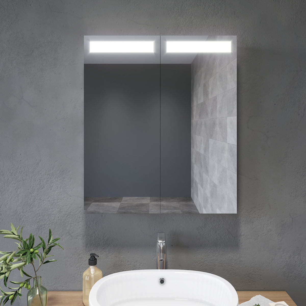 Badezimmer LED Spiegelschrank mit Beleuchtung 2-türig Infrarotschalter 60 x 70 x 13cm