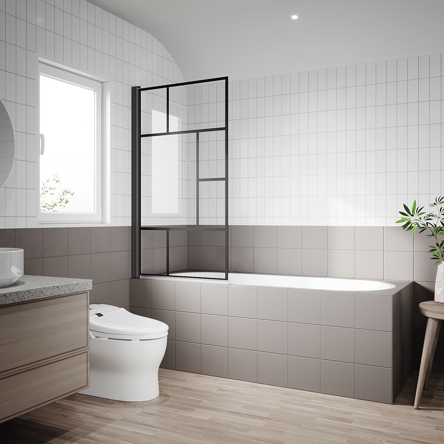 SONNI Duschwand für Badewanne mit schwarzem Gitterdesign NANO-GLAS Badewannenaufsatz faltbar 80x140 cm(BxH) Duschabtrennung Badewanne